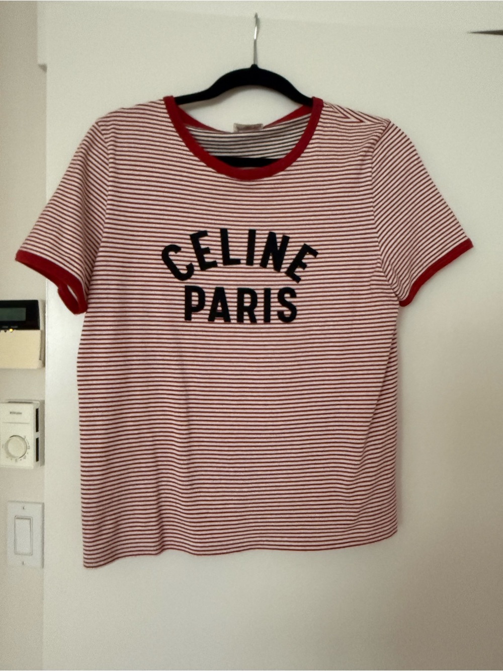 Celine Red and White Striped Logo Ringer Tee